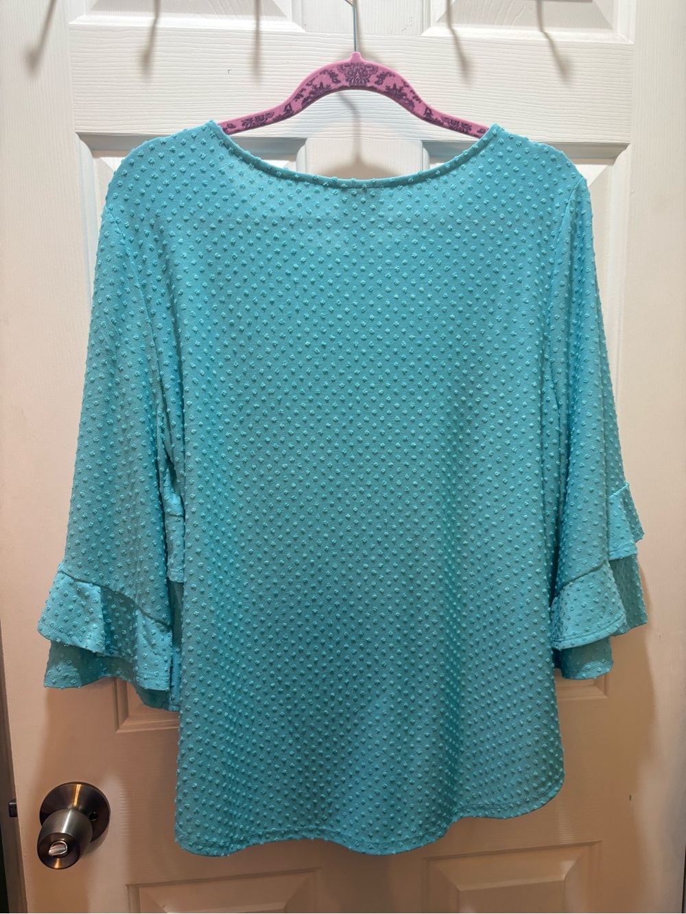 Ruby Rd. Large Women's Teal Textured Ruffle Sleeve Top - Picture 16 of 16